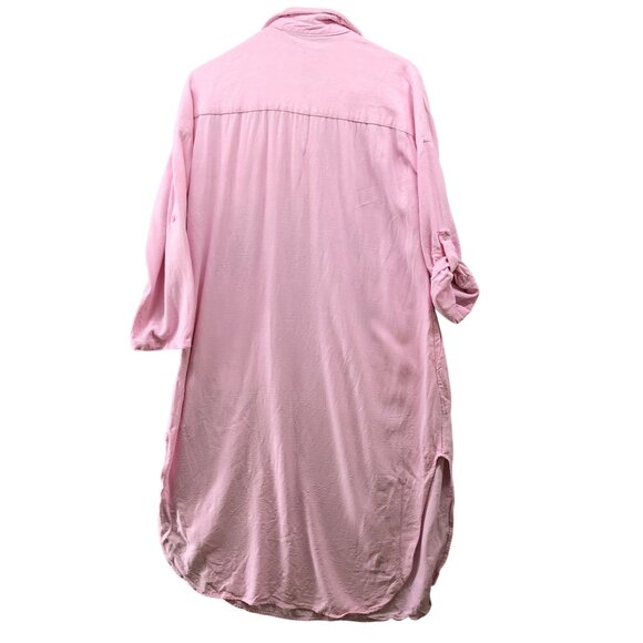 Utcoco Cotton Linen Shirt Dress Womens S Pink Roll Tab Sleeve Midi Relaxed - Picture 2 of 10